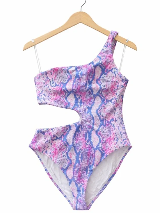 New! Aqua Bloomingdales One-Shoulder Pink & Blue Snake-Print Cutout Swimsuit - Picture 2 of 3